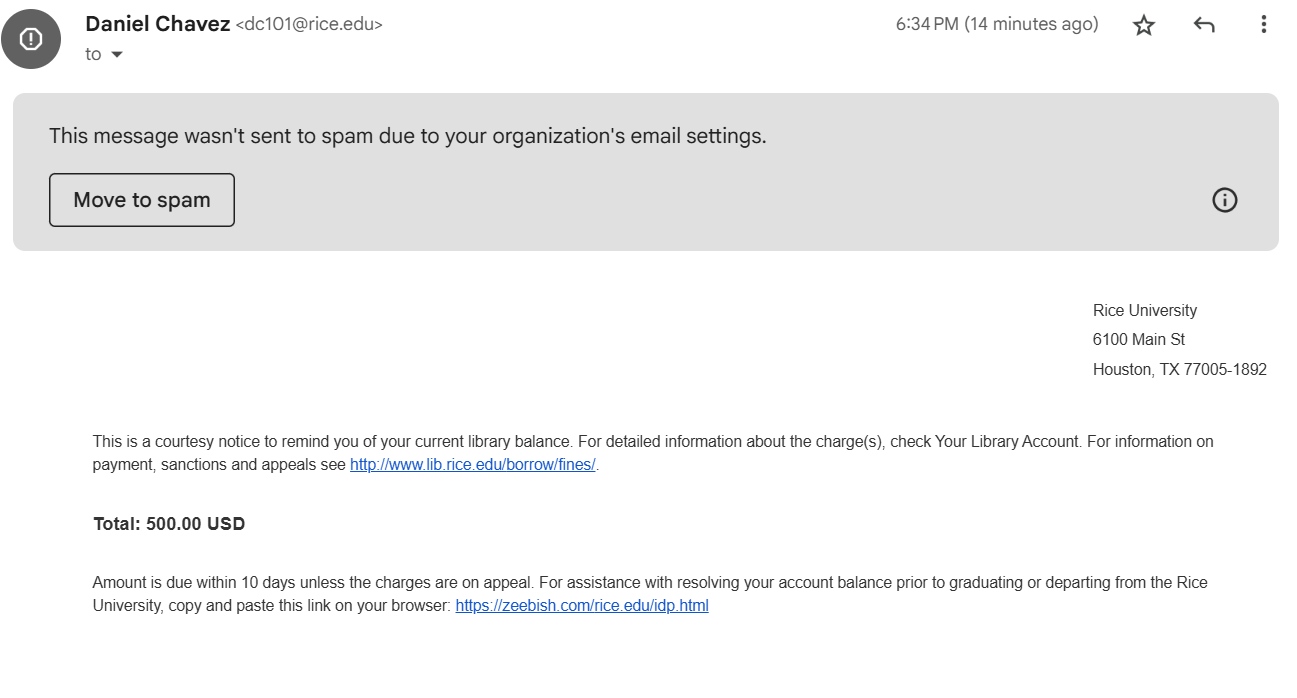 Phishing Alert - Fondren Library Fines | Fondren Library