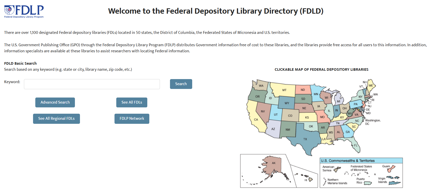 Screenshot of Online Federal Depository Library Directory