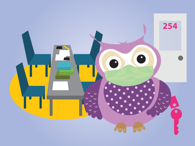 owl in a face mask with study room key