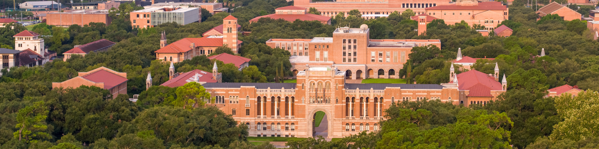 view of Lovett Hall and Fondren Library from above