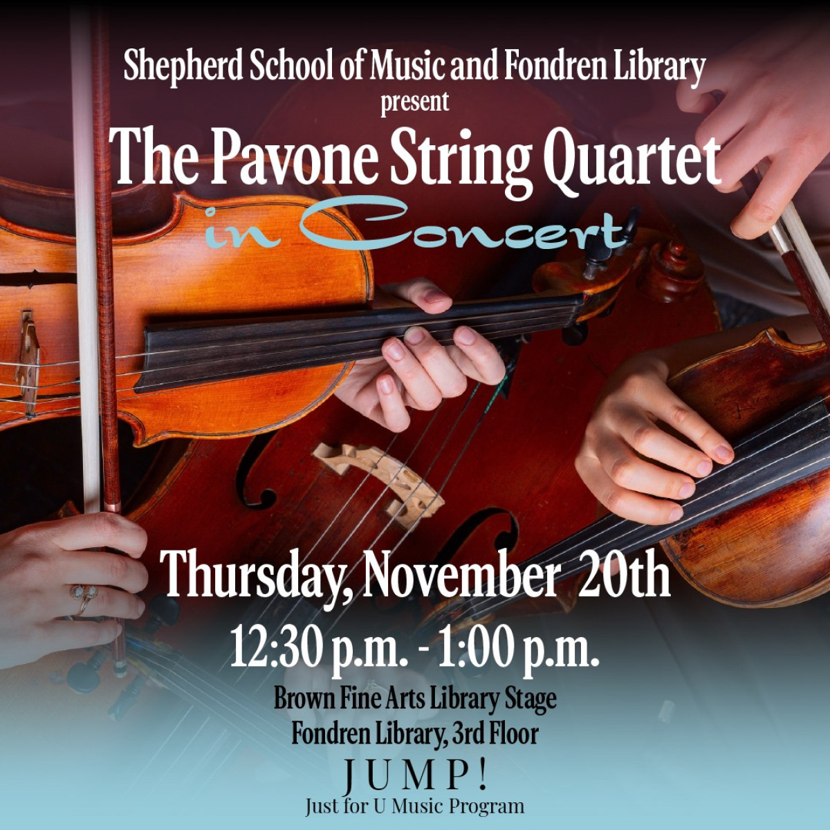 four sets of hands holding four string instruments