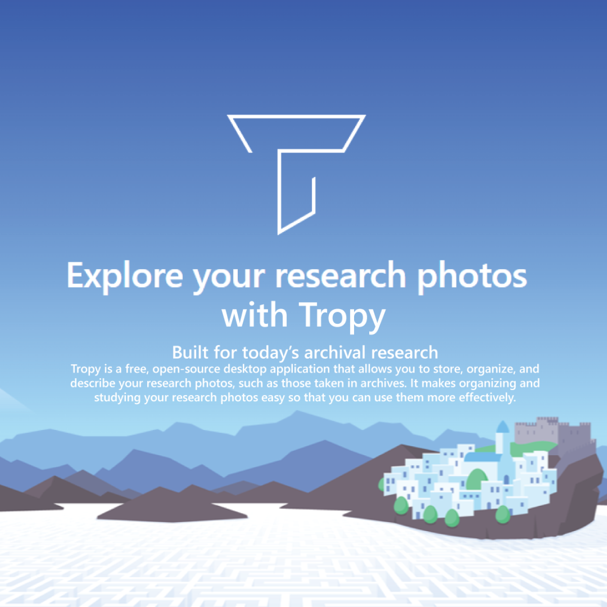 Tropy logo with an image of a photographer filming a mountain village