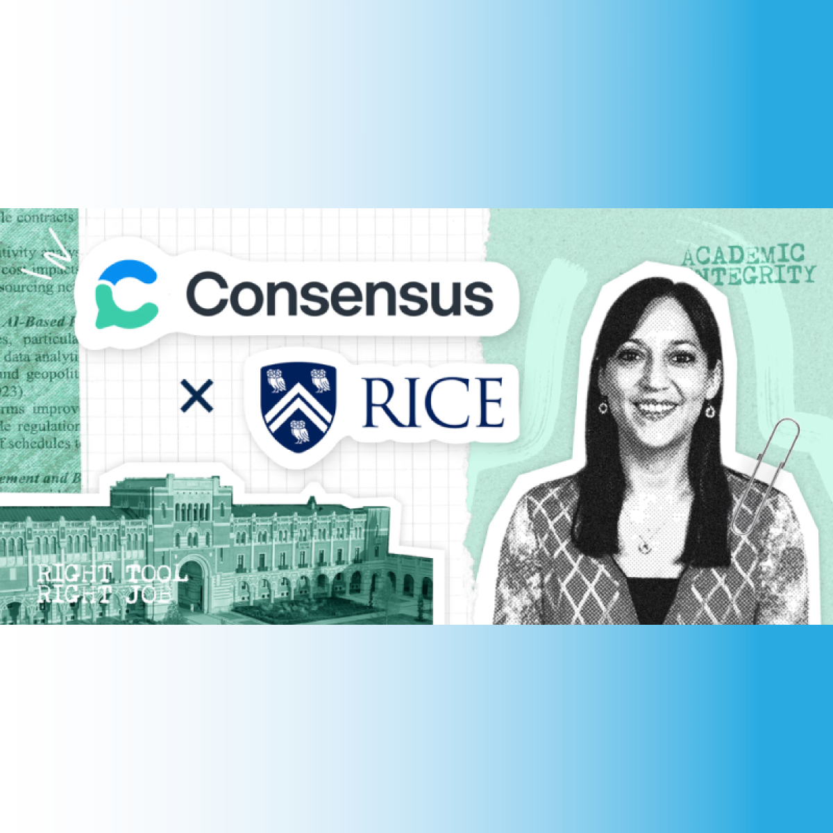 Hannah Edlund with the Rice and Consensus logos in front of Lovett Hall