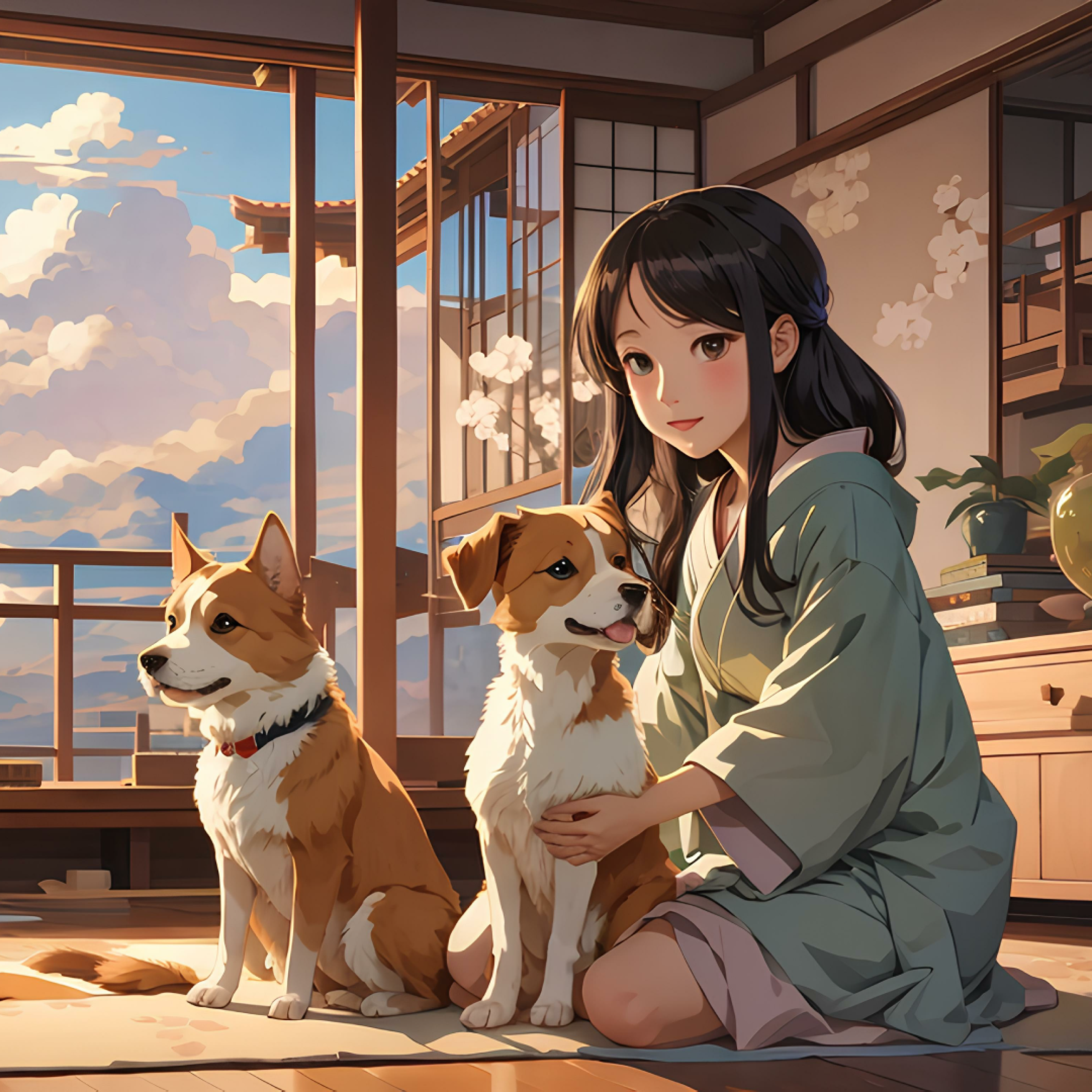 manga style student petting 2 dogs