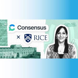 Hannah Edlund with the Rice and Consensus logos in front of Lovett Hall